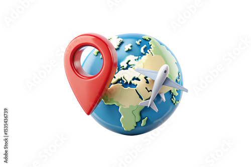 Red location pin beside blue Earth globe showing continents with white airplane attached, isolated on a transparent background