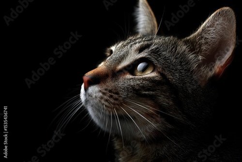 A closeup of a tabby cats face in profile gazing upwards against a black background