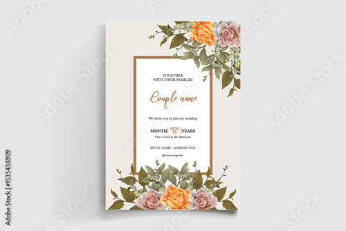 WEDDING INVITATION FRAME WITH FLOWER DECORATIONS AND FRESH LEAVES