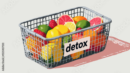 Detox concept with a metal basket filled with fresh fruits - Healthy lifestyle