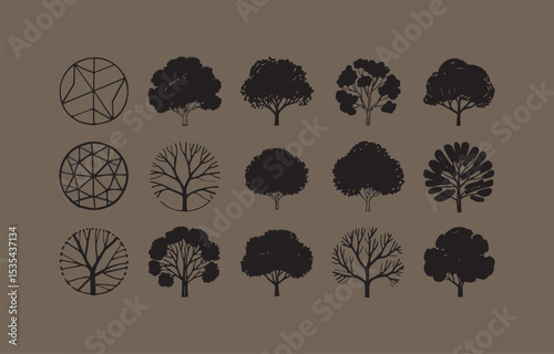 Collection of twelve diverse tree silhouettes and two geometric treetop views for landscape design and architectural visualization