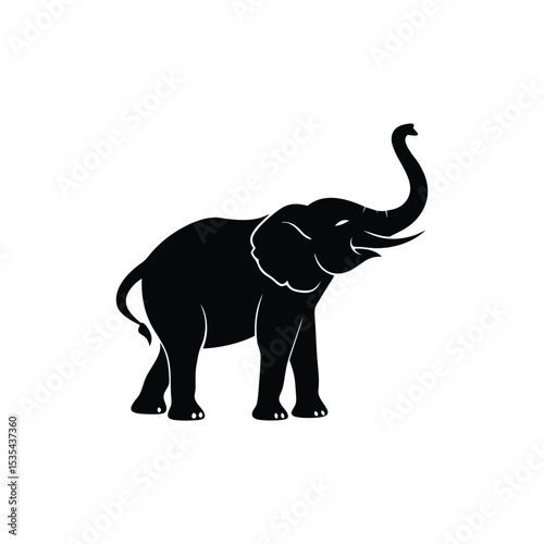 A black silhouette of an elephant with trunk raised and outlined on white background
