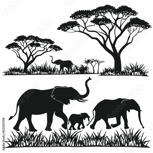 African savanna silhouettes depicting elephants trees and grass against a white background
