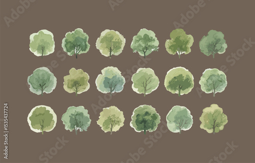 Collection of eighteen watercolor style green trees isolated on brown background