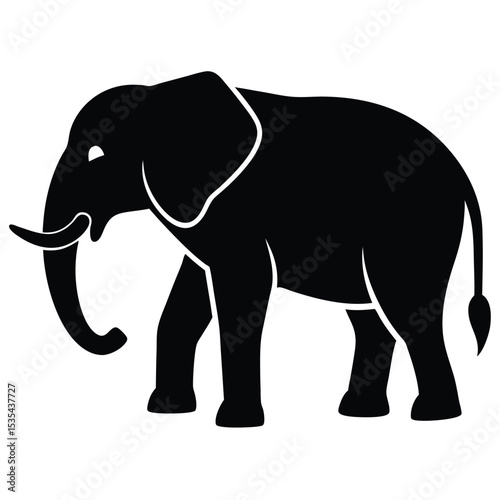 Black and white silhouette of an elephant in a simple walking position design
