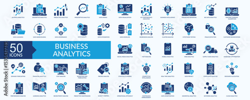 Business analytics icon collection set with data visualization,  key performance indicator, strategic planning, continuous improvement, quality control