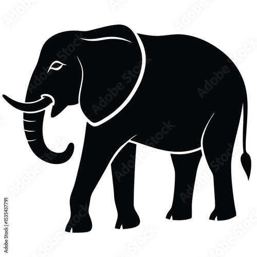 Black and white vector illustration of an african elephant in a walking pose isolated