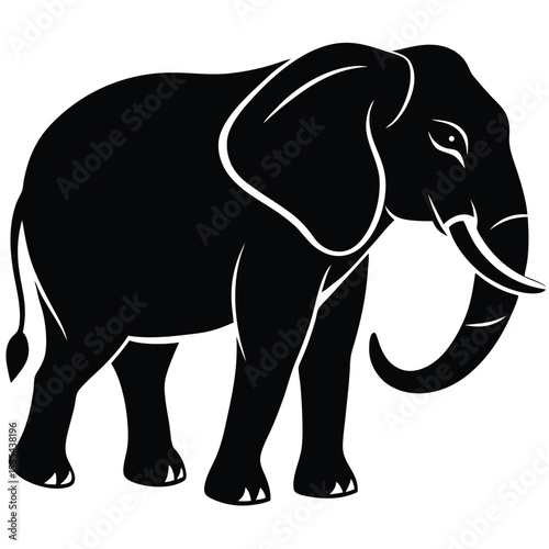 Elegant black and white silhouette of an african elephant standing in profile view