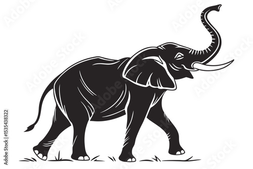 Majestic silhouette of an african elephant with raised trunk walking across a simple white background