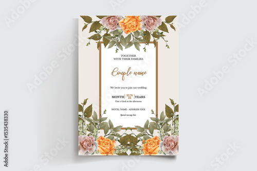 WEDDING INVITATION FRAME WITH FLOWER DECORATIONS AND FRESH LEAVES