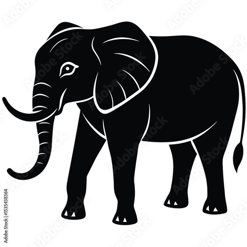 Minimalist black silhouette of an african elephant standing gracefully against white background