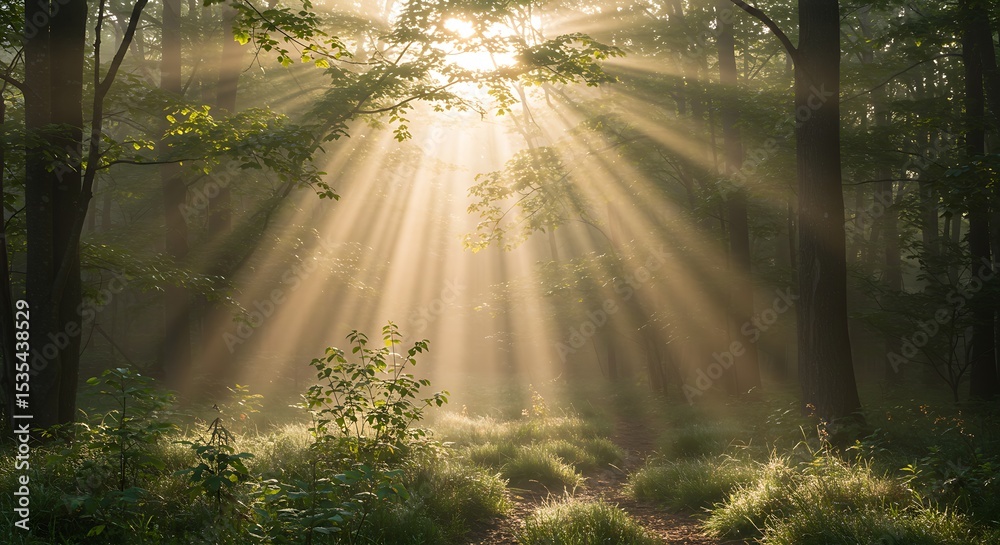 Obraz premium Sunlit Forest Path with Beams of Light Through Trees in Tranquil Morning Atmosphere