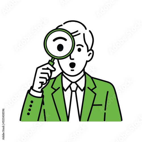 Man in Green Suit Using Magnifying Glass Surprised Expression 1