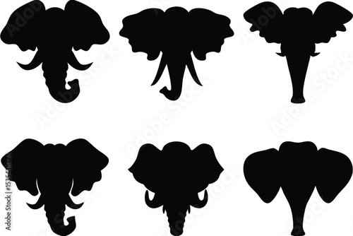 Silhouette illustrations of six different african elephant heads against a white background