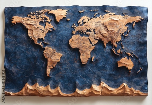 Detailed world map carved from wood