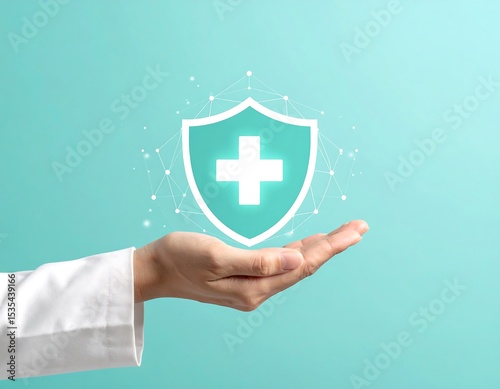 Hand holding a teal shield with a plus sign