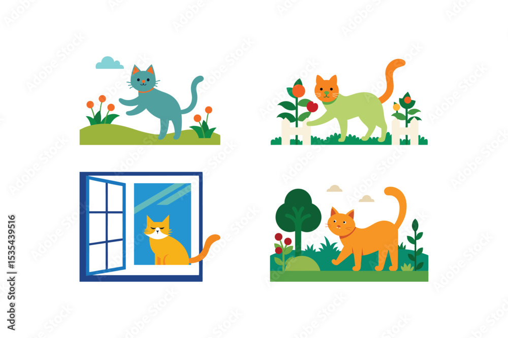 Naklejka premium Set Of Playful Cats Enjoy&nbsp;Summer