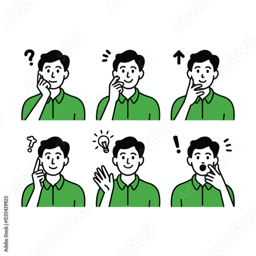 Six Illustrations Green Shirt Man Thinking Gestures 1