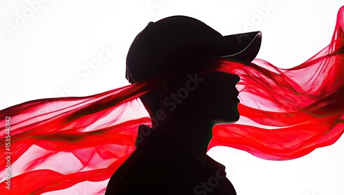 Silhouetted figure, red fabric, obscured vision