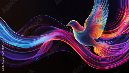 A vibrant bird soaring through colorful, flowing ribbons