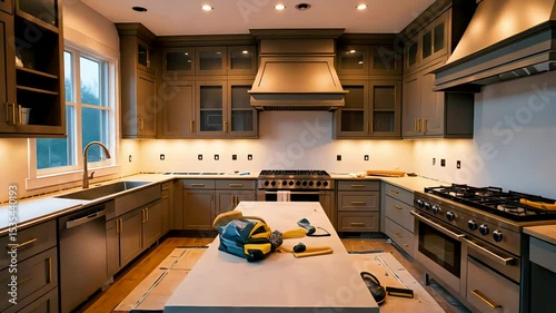Modern kitchen interior with appliances and island workspace under renovation with tools and wood panels