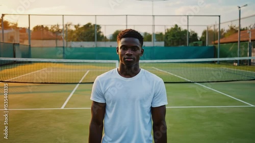 Young african american athlete stands confidently on grass tennis court during golden hour in vibrant community