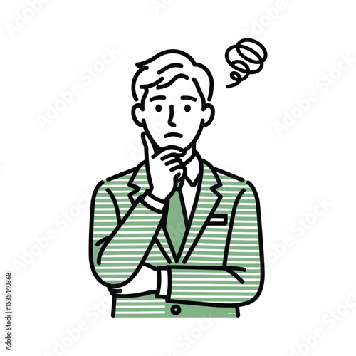 Pensive Young Businessman Green Striped Suit Illustration 1