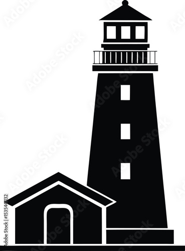 Silhouette vector of classic lighthouse with adjacent small house for nautical and coastal themes