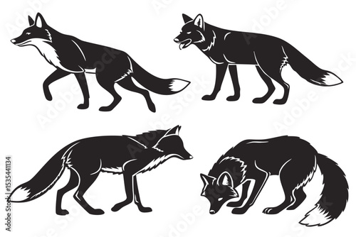 Black and white vector illustrations depicting various poses of foxes on a white background