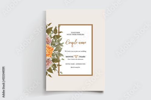 WEDDING INVITATION FRAME WITH FLOWER DECORATIONS AND FRESH LEAVES