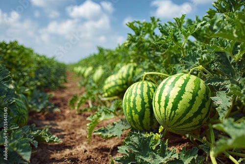 A field filled with watermelons displaying their green stripes under a partly cloudy blue sky