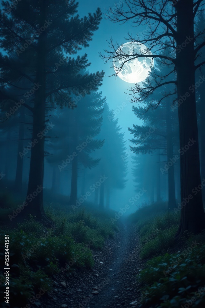 Fototapeta premium Moonlit path winds through misty, spooky forest, ancient, woods