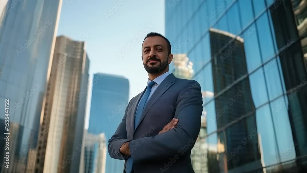 Confident businessman in a suit stands with arms crossed in a modern cityscape, skyscrapers reflecting Confident businessman in a suit stands with arms crossed in a modern cityscape, skyscrapers reflecting