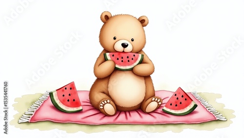 Teddy bear sitting on pink cushion and eating a slice of watermelon photo