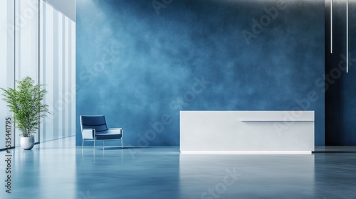 Modern office lobby interior with blue wall, white reception desk, and greenery