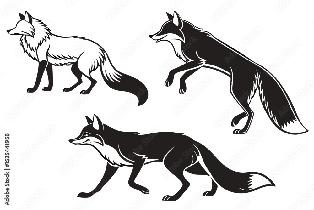 Fototapeta premium Fox silhouettes set showing vector wildlife clipart and animal designs