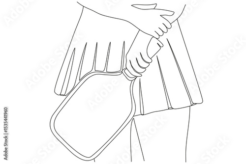 Elegant black and white vector illustration of hands, paddle, and pleated skirt. Simple design concept for pickleball sport, female athlete, or fitness themes.