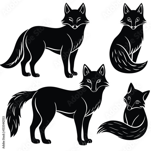 Vector illustration of stylized black foxes in various poses on a white background