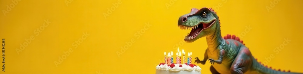 Fototapeta premium Smiling dinosaur with birthday cake, lit candles Yellow background , yellow, present