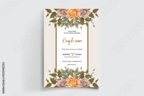WEDDING INVITATION FRAME WITH FLOWER DECORATIONS AND FRESH LEAVES