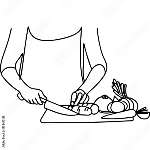 Person cutting vegetables on wooden board. Line art illustration shows hands using knife to chop carrots and potatoes. This simple cooking scene is perfect for recipe books, culinary websites.