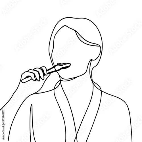 Person brushing teeth line art illustration. Simple continuous line drawing of woman in bathrobe brushing her teeth. Minimalist graphic design perfect for dental hygiene brochures or health websites.