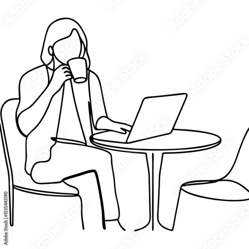 Woman enjoys coffee in cafe using laptop. Person in coffee shop sipping hot beverage while working remotely. Simple line art illustration ideal for cafe menu design or website banner.