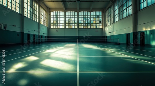 Sunlit Vintage Gymnasium Interior with Lines and Net Creating a Spacious Atmosphere