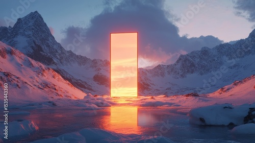 Surreal winter landscape with a glowing portal amidst snowy mountains and reflection