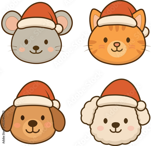 Cartoon Animal Faces with Santa Hats – Dog, Cat, Mouse, and Poodle