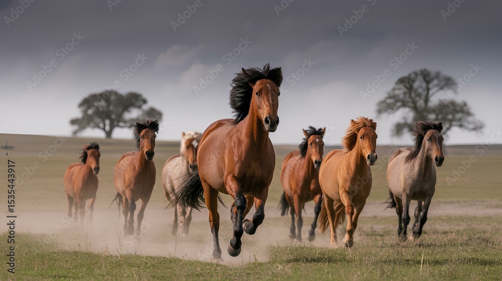 Obraz premium Rewilding horses running free across the prairie landscape, a powerful display of nature