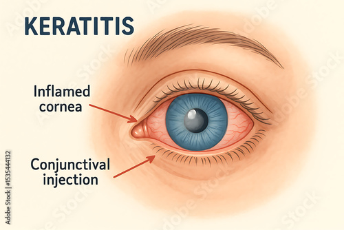 Keratitis illustration showing inflamed cornea and conjunctival injection, highlighting importance of eye health and awareness photo