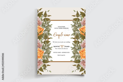 WEDDING INVITATION FRAME WITH FLOWER DECORATIONS AND FRESH LEAVES