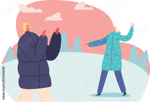 Couple playing snowballs on street